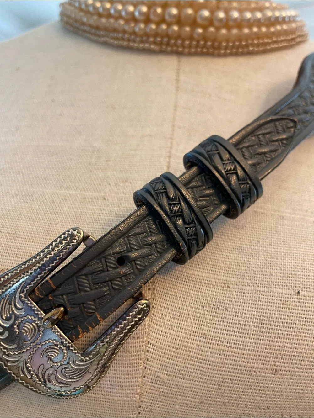 Embossed Gray Leather Western Belt with Ornate Silver Buckle 32.5 in